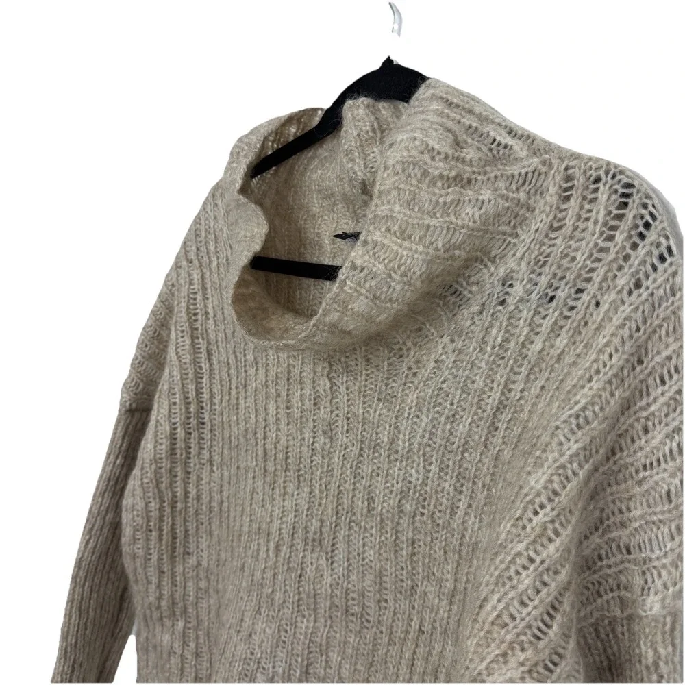 Eileen Fisher Open Knit‎ Mohair Turtleneck Mock Neck Hi Low Oatmeal Sweater Sz L